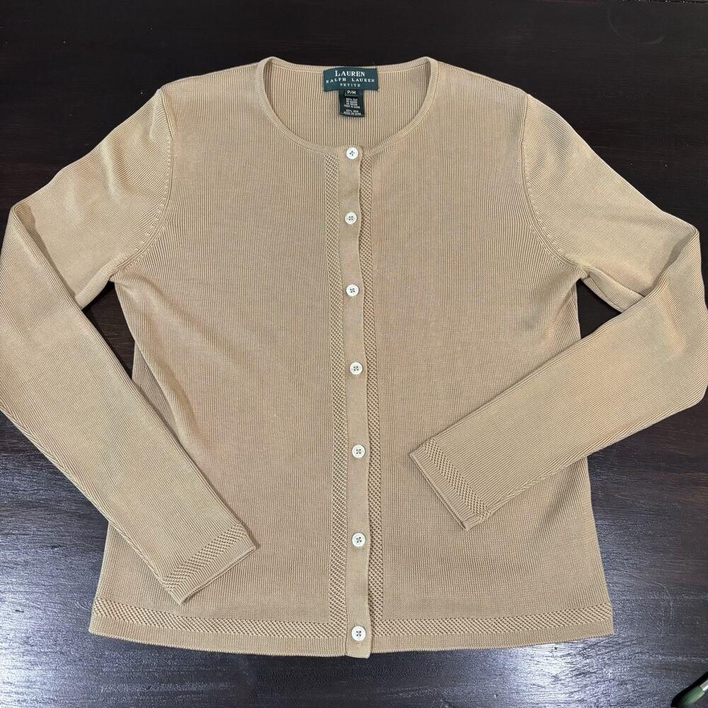 Ralph Lauren Silk Blend Tan Knit Preppy Cardigan PM Quiet Luxury Capsule